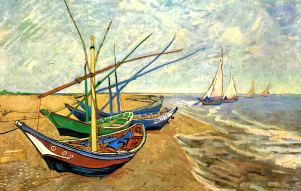 Картинка кирпич, лодки, причал, паруса, Винсент ван Гог, Fishing Boats, at Saintes-Maries, у берега