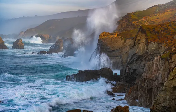 Море, брызги, камни, скалы, побережье, прибой, California, Big Sur