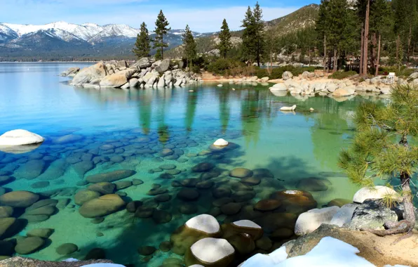 Картинка лес, снег, деревья, горы, озеро, камни