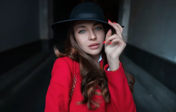 Картинка girl, Model, hat, photo, blue eyes, lips, coat, portrait