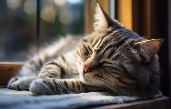 Кошка, кот, свет, поза, сон, окно, спит, лежит