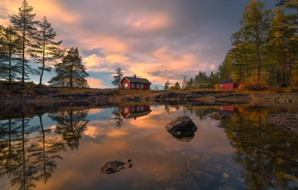 Деревья, закат, озеро, отражение, камни, Норвегия, домики, Norway