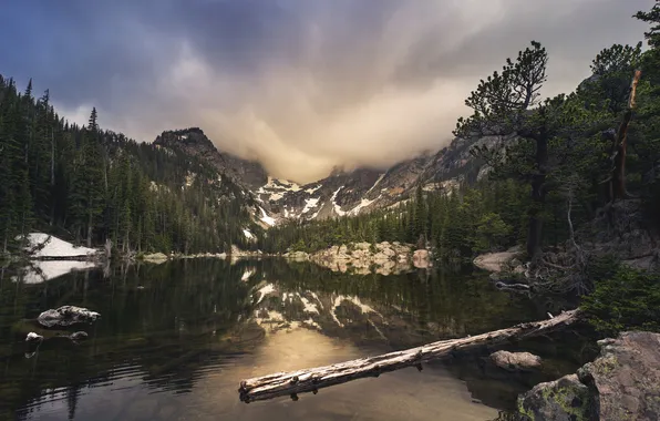 Лес, небо, деревья, горы, природа, озеро, Colorado, Rocky Mountain National Park