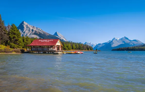 Лес, пейзаж, горы, озеро, Канада, Canada, Maligne Lake