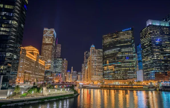 Картинка река, здания, Чикаго, Иллинойс, ночной город, Chicago, Illinois, небоскрёбы
