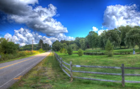 Дорога, лето, небо, облака, деревья, ограда, summer, road