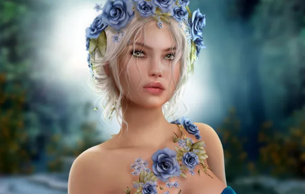 Картинка девушка, голубые, блондинка, венок из роз