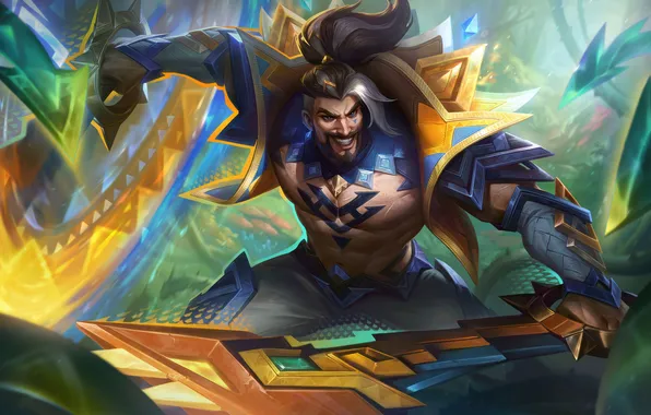 Картинка улыбка, атака, меч, доспехи, game, персонажи, клинок, League of Legends