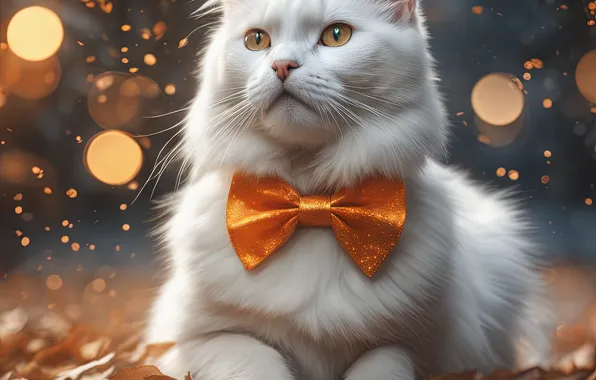 Осень, кошка, белый, кот, взгляд, оранжевый, огни, поза