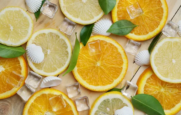 Лимон, апельсин, лёд, lemon, ice, summer, фрукты, fruit
