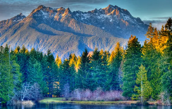 Картинка осень, лес, небо, закат, горы, озеро, HDR