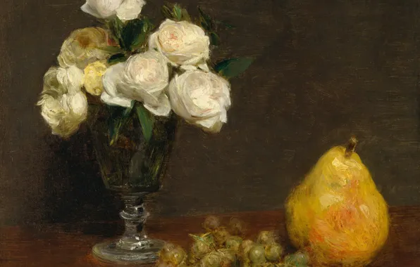 Розы, картина, виноград, ваза, груша, Анри Фантен-Латур, Натюрморт с Розами и Фруктами