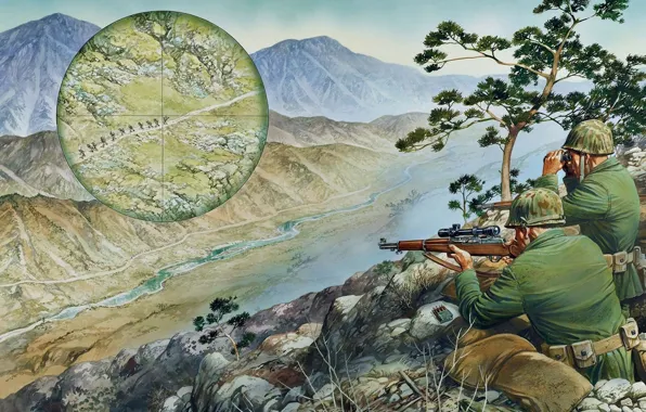 Картинка горы, река, арт, солдаты, ущелье, снайпер, отряд, огонь.