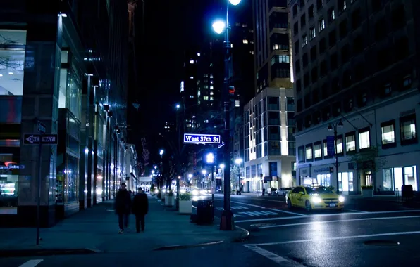 Картинка дорога, машины, ночь, люди, здания, New York