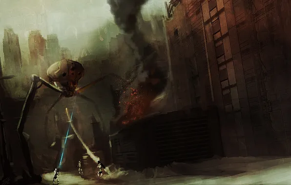 Картинка дым, Робот, ракета, солдаты