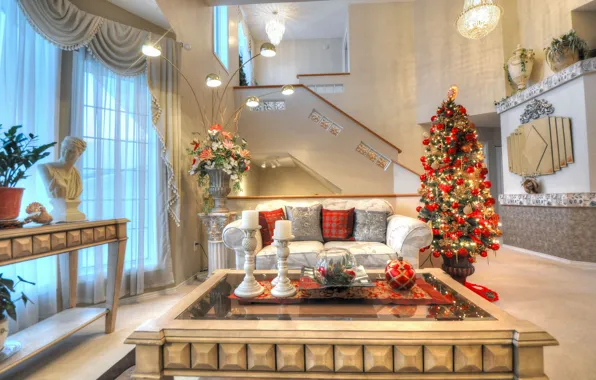 Картинка диван, праздник, елка, Новый Год, Рождество, столик, гостиная