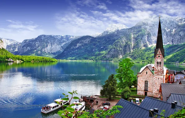 Картинка деревья, пейзаж, горы, природа, озеро, дома, лодки, Австрия