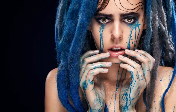 Blue, drag, tears, look, fingers, Makeup