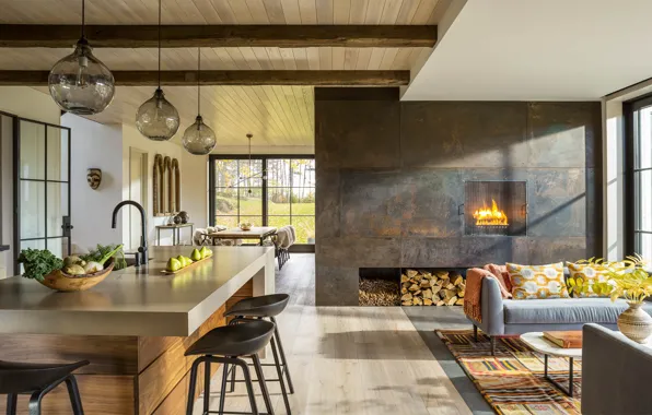 Интерьер, кухня, гостиная, столовая, Vermont, современный фермерский дом, Modern Farmhouse, штат Вермонт