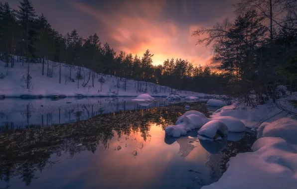 Картинка снег, река, Норвегия, Norway, Ringerike