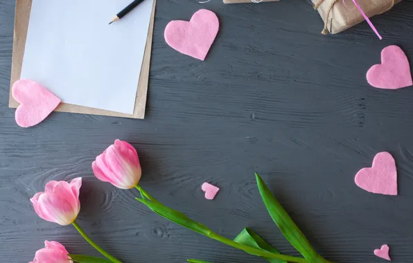 Картинка цветы, подарок, сердечки, тюльпаны, розовые, wood, pink, flowers