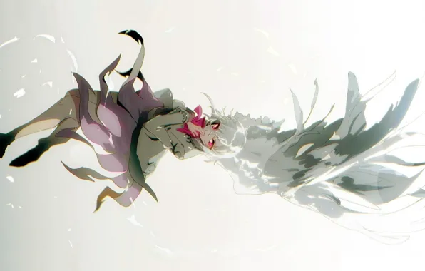 Крылья, серый фон, белые волосы, art, Touhou Project, Проект Восток, No-kan, Kishin Sagume