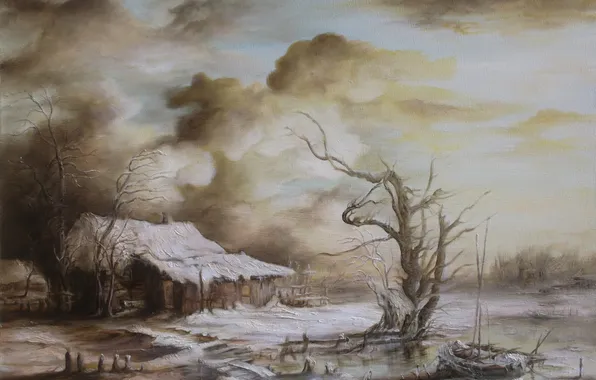 Картинка зима, снег, пейзаж, тучи, дом, река, дерево, лодка