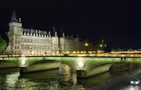 Картинка ночь, мост, огни, река, Париж