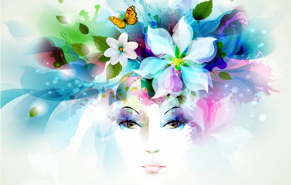 Картинка взгляд, листья, девушка, цветы, брызги, бабочка, лепестки