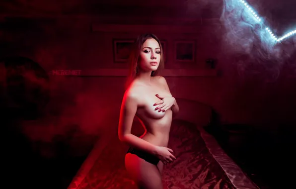 Грудь, взгляд, огни, секси, поза, комната, модель, дым