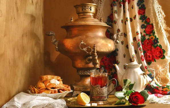 Картинка лимон, чай, роза, чайник, натюрморт, самовар, блины, платок