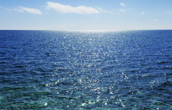 Небо, вода, блики, отражение, океан, горизонт, бескрайность