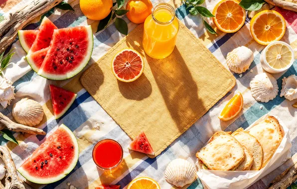 Пляж, лето, солнце, отдых, summer, фрукты, sunshine, пикник