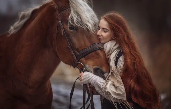 Картинка девушка, настроение, конь, лошадь, рыжая, рыжеволосая, длинные волосы, Анюта Онтикова