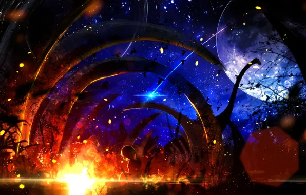 Небо, ночь, фантастика, луна, костер, скелет, девочка, динозавры