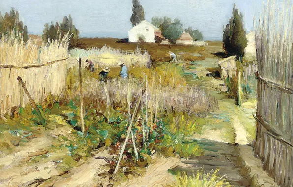 Картинка пейзаж, дом, люди, забор, картина, Марсель Диф, Огород в Провансе