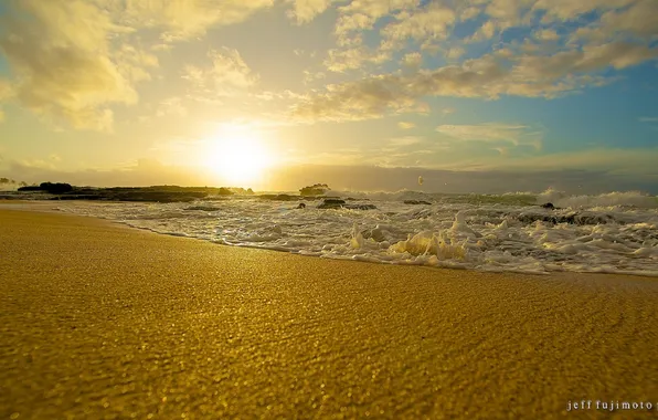 Картинка песок, море, закат, берег, волна