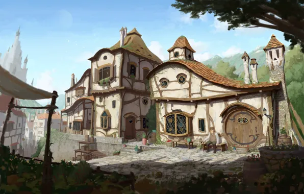 Дом, фентези, улица, арт, 2d, Medieval Art Nouveau Village, посёло, 달 봉이