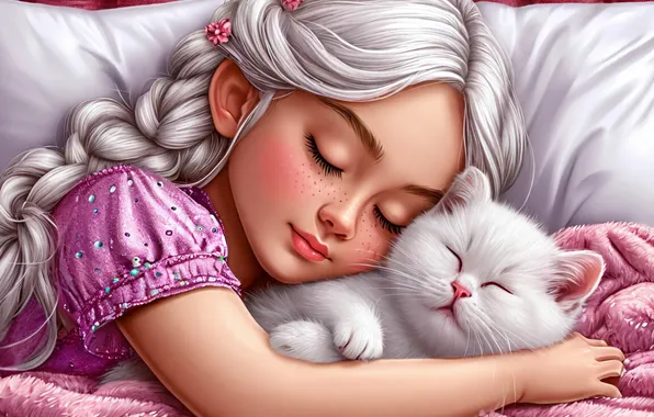 Девушка, Котенок, Спит, Розовый, Девочка