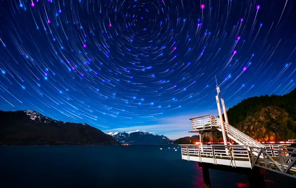 Звезды, горы, ночь, Канада, пирс, залив, Ванкувер, By Alexis Birkill