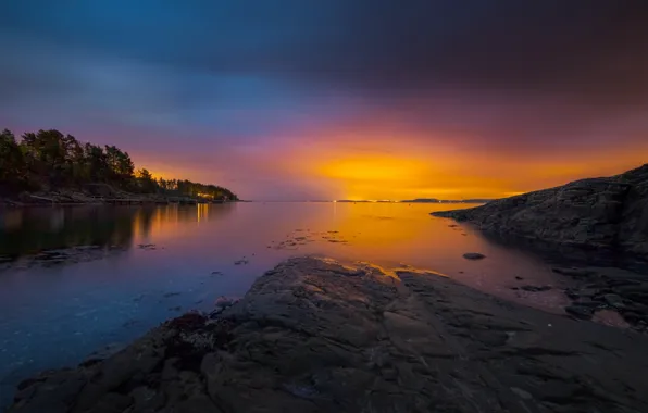 Картинка закат, Норвегия, залив, архипелаг