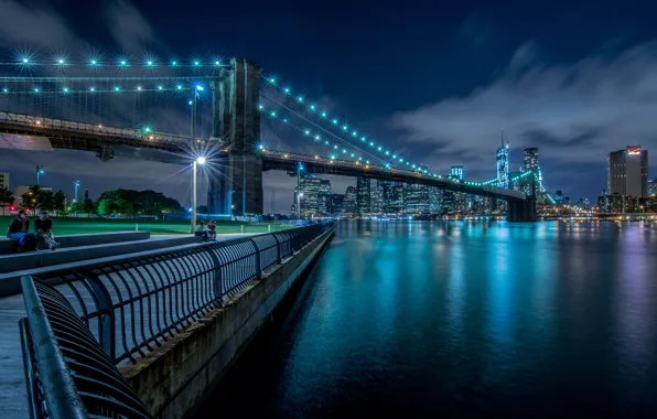 Ночь, мост, огни, Нью-Йорк, Бруклин