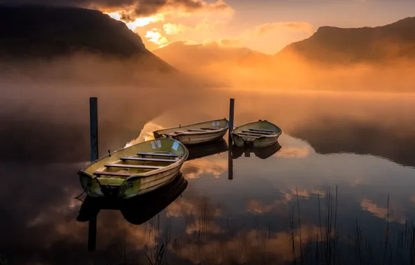 Картинка закат, озеро, лодки