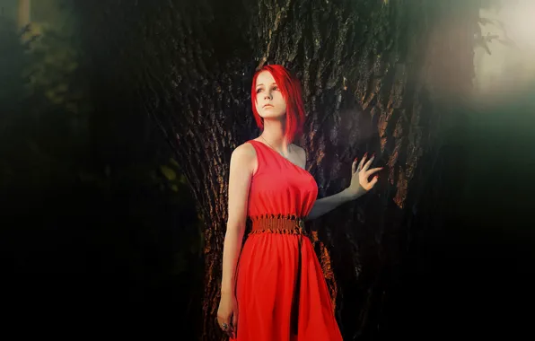 Девушка, дерево, красное платье, красные волосы, красный маникюр, red style