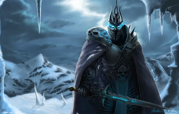 Картинка снег, меч, доспехи, world of warcraft, arthas, lich king, падший принц, артес менетил