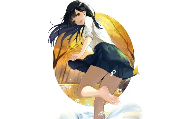 Girl, school uniform, anime, water, autumn, pretty, splash, cute