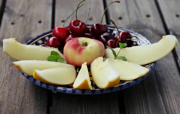 Картинка вишня, фон, widescreen, обои, яблоко, еда, ягода, листик