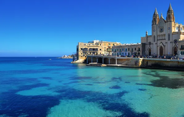 Море, город, фото, побережье, дома, Мальта, St. Julian s