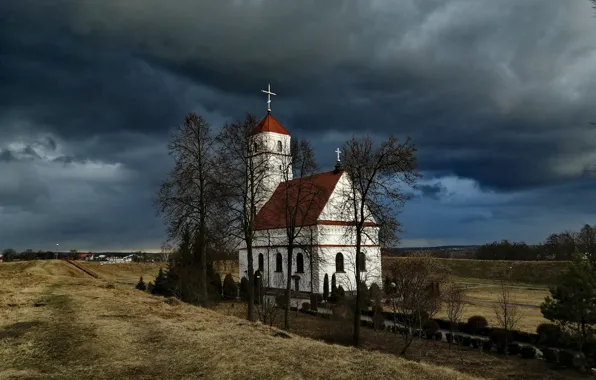 Небо, тучи, весна, холм, церковь
