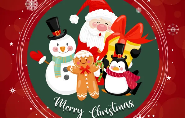 Картинка Улыбка, Рождество, Новый год, Санта Клаус, Merry Christmas, Пингвин, Пряник, Снеговик